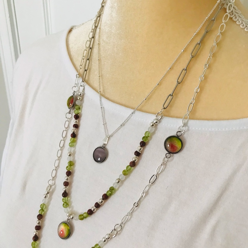 Handmade Pop of Color 3 Piece Necklace Set-Glass Cabochon-Gemstone-Peridot